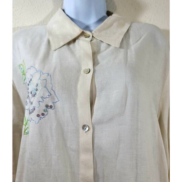 Sarah Spencer Woman Cream Blue Floral Embroidered Sequin Button Up Top 22W Plus - Picture 5 of 7